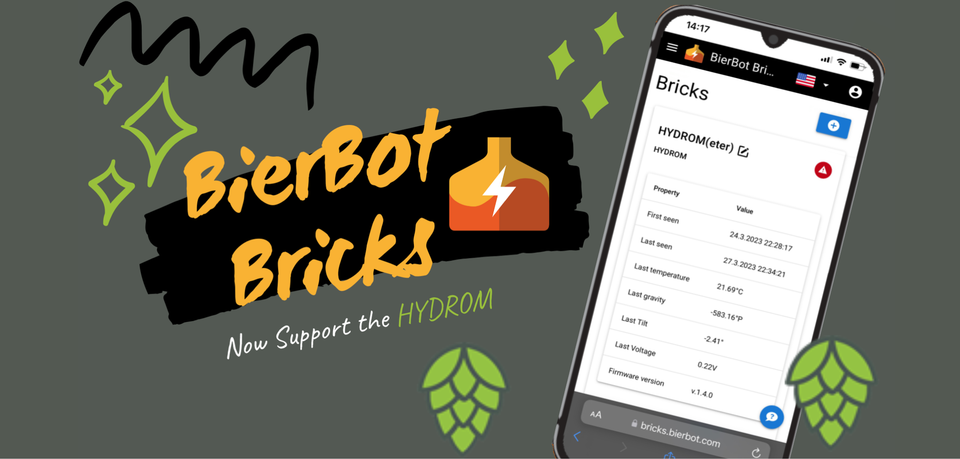 The image shows a smartphone displaying the BierBot Bricks cloud service platform and the settings for the Hydrom.